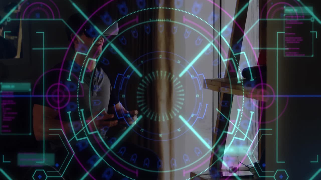 procesamiento de datos y escaneo de alcance sobre hombre caucásico que usa auriculares vr mientras juega videojuegos