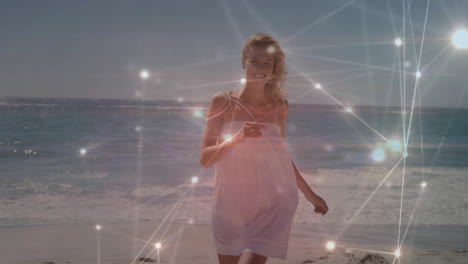 smiling woman at beach with glowing network connections overlay animation
