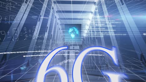 animation of 6g text, processing data and maths calculations over computer server room