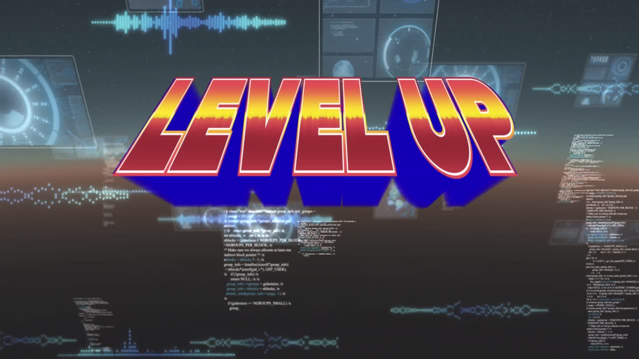 스크린과 다양한 데이터로 디지털 추상 공간에서 레벨을 올리는 애니메이션