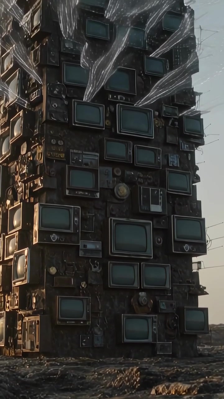 Vídeo vertical: Torre de CRTs empilhados emitindo fitas de vidro através de uma planície rochosa sob o sol baixo.