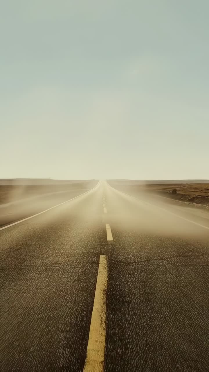 Vertical video: Gusts lifting dust on plain, two-lane road blurring then clearing dashed centerline