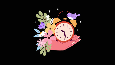 hand holding alarm clock with flowers and bird