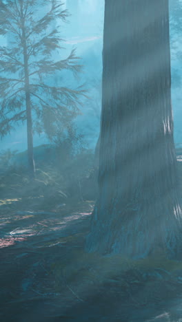 sunbeams shining through a foggy forest