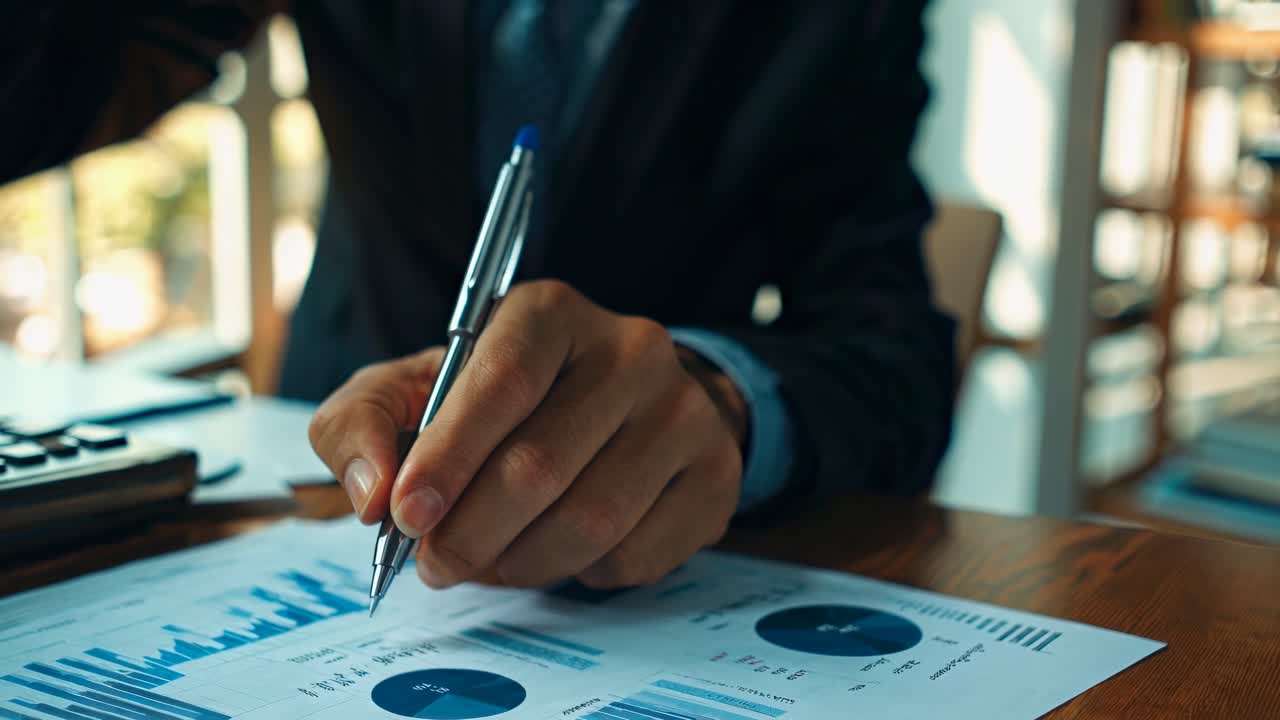 Primo piano e inquadratura angolata di una mano che analizza grafici finanziari con una penna, che trasmette professionalità