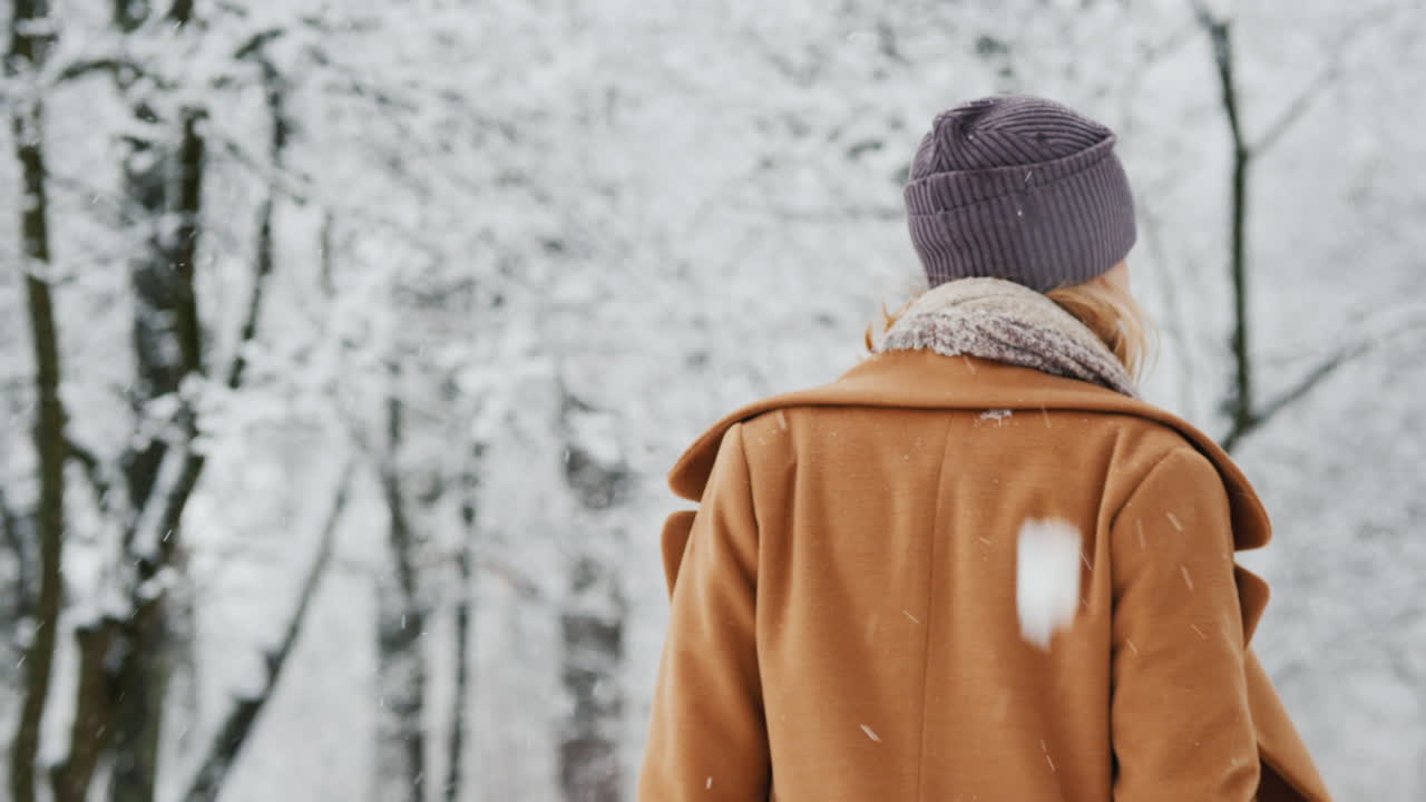 vista ligeramente borrosa desde atrás de una mujer caminando en un bosque de invierno tiro de steadicam