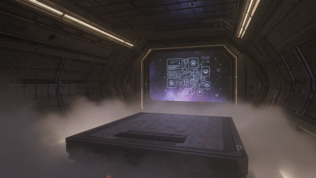 Glidende kamera igangsætter fremadrettet skift, afslører platform og drivende tåge i lastrum, hologram