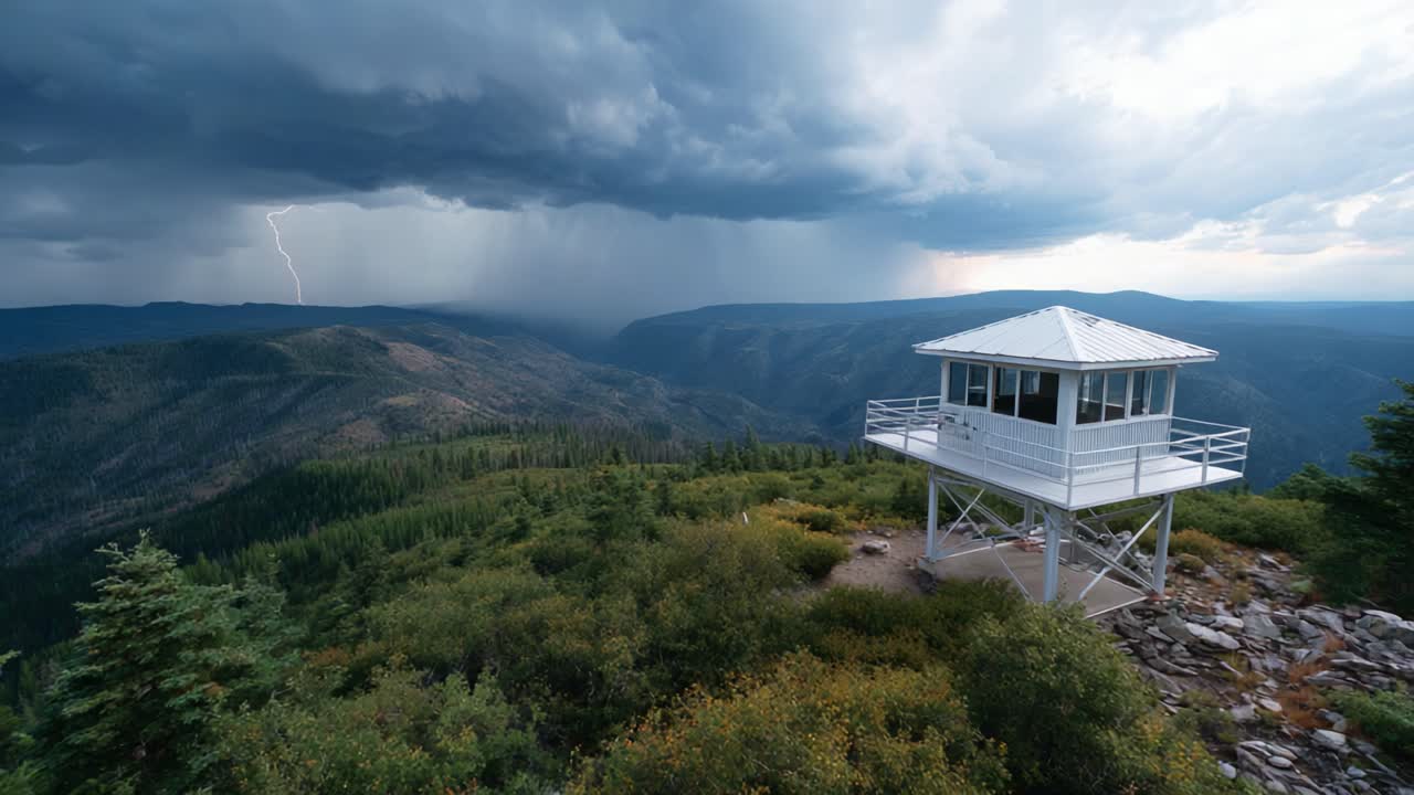 Stunning Mountain Lookout Tower Under Dramatic Stormy Sky with Lightning Striking in the Distance, Showcasing Nature's Raw Power and Beauty