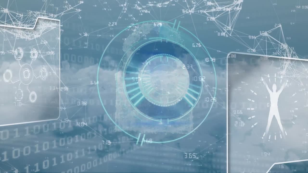 animación del escaneo del alcance y la red de conexiones con procesamiento de datos sobre el cielo con nubes