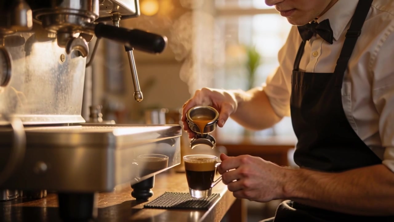 Caffè espresso che viene versato, barista con grembiule bianco che osserva l'estrazione, togliendo la tazza e versando il latte, finendo la bevanda.