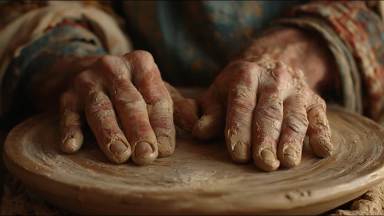 The Art of Pottery: Capturing the Hands of a Skilled Artisan Shaping Clay on a Pottery Wheel with Precision and Care in a Tranquil Workshop Environment