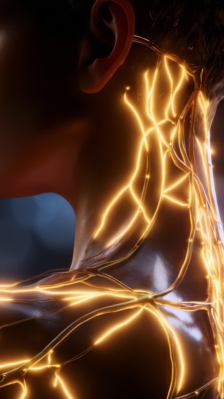 Una splendida rappresentazione di fili bioluminescenti illuminati intrecciati attorno a una figura umana, che mette in mostra una fusione di arte e tecnologia in modo surreale e vivace