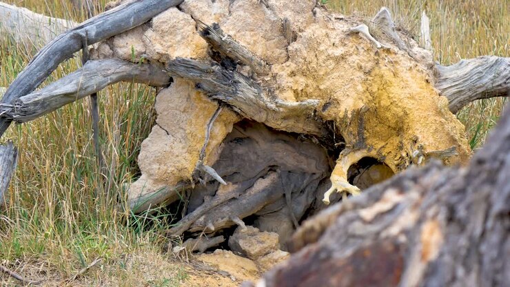 Fallen tree stumpwith rocks and dirt