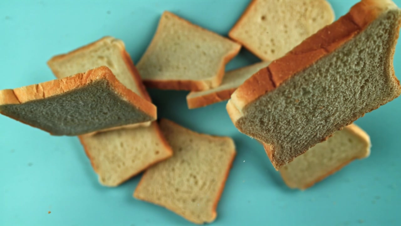 青い背景にスローモーションで落ちる食パンのスライス