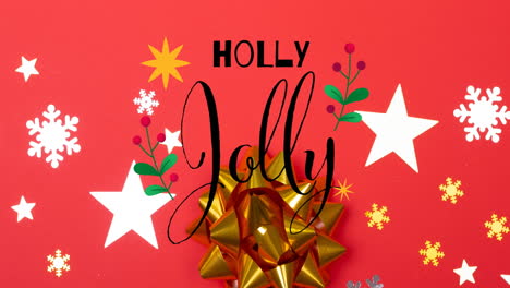 animation of holly jolly text in black letters over christmas pattern on red background