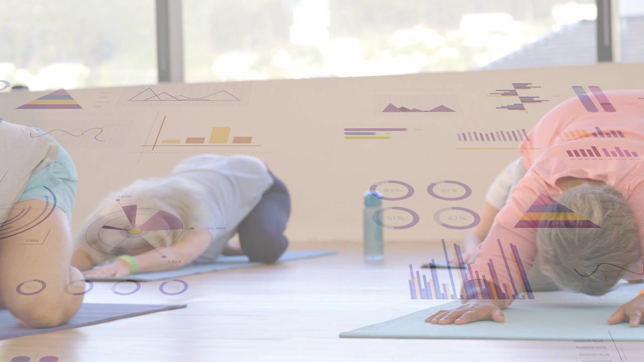 Kamerafahrt wird breiter, Frauen praktizieren angeleitetes Yoga, vertiefen die Kinderhaltung, während Diagramme die Matten überlagern.