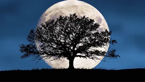 a majestic silhouette of a tree against the enormous full moon illuminating the night sky, creating a breathtaking natural scene of tranquility and grandeur