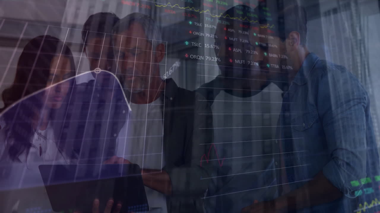 Animation of financial data processing over diverse business people using laptop in office