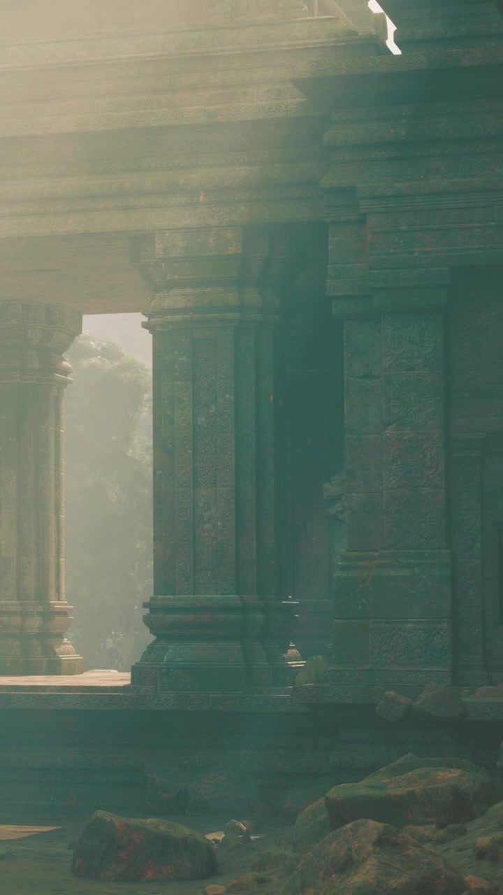 Antiche rovine di un tempio sono immerse nella luce del mattino, rivelando una bellezza nascosta