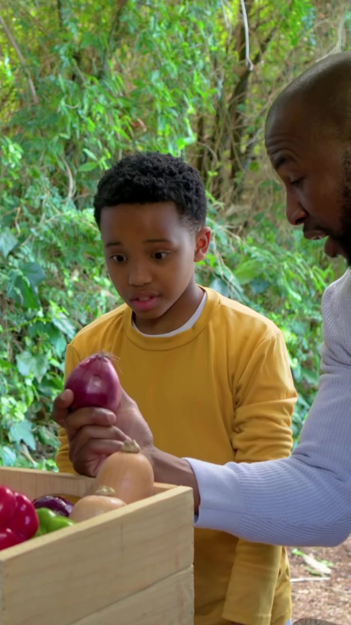 African American man coming, placing lemons in wicker basket teaching mustard-shirted boy at stall