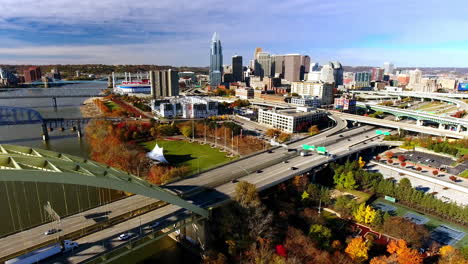 cinematic drone footage of busy highway going into downtown cincinnati ohio in the fall