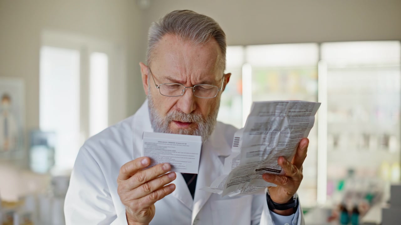 Seniorfarmaceut læser recepter, arbejder alene i solrigt apotek, nærbillede.