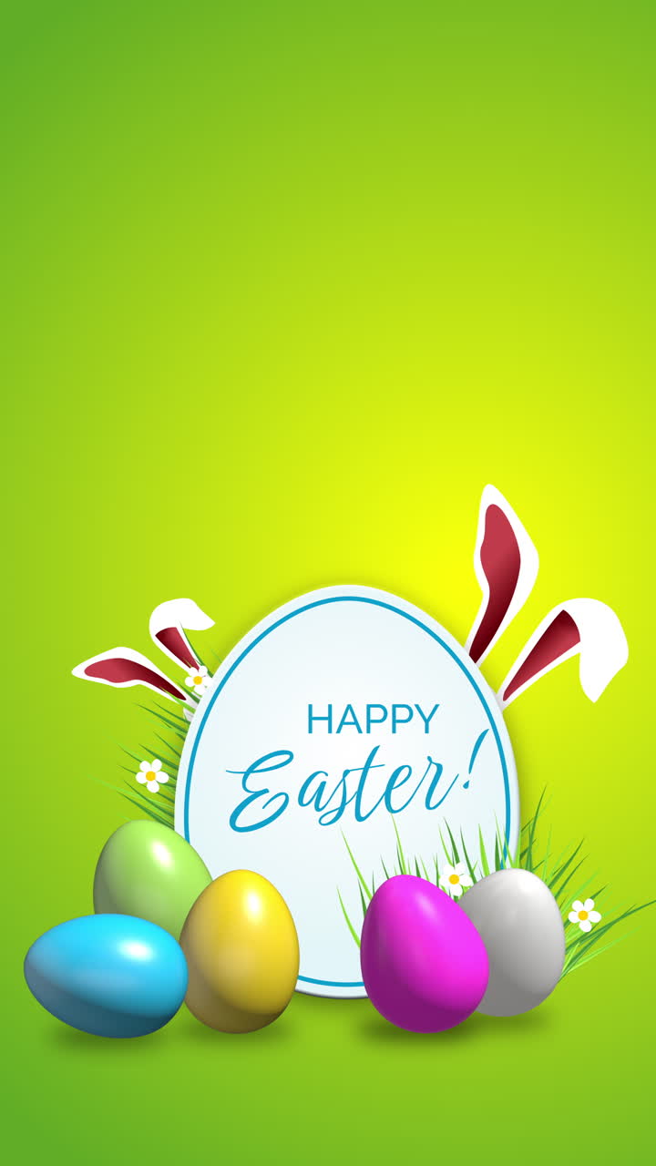 Easter sticker animation with rabbit ears and colored eggs on green background with butterflies. Happy Easter. Looped vertical video.