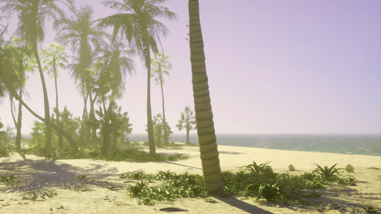 Tropical beach landscape with palm trees and gentle ocean waves in sunlight