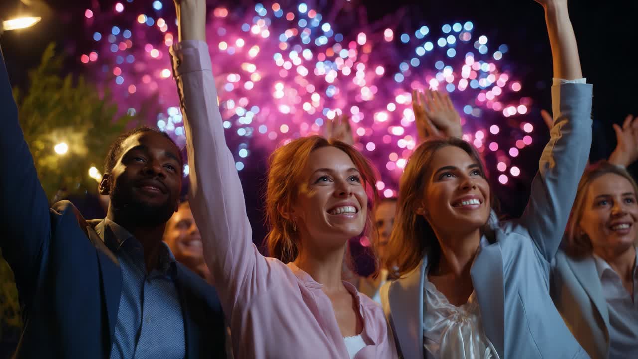 Crowd Celebrating with Fireworks