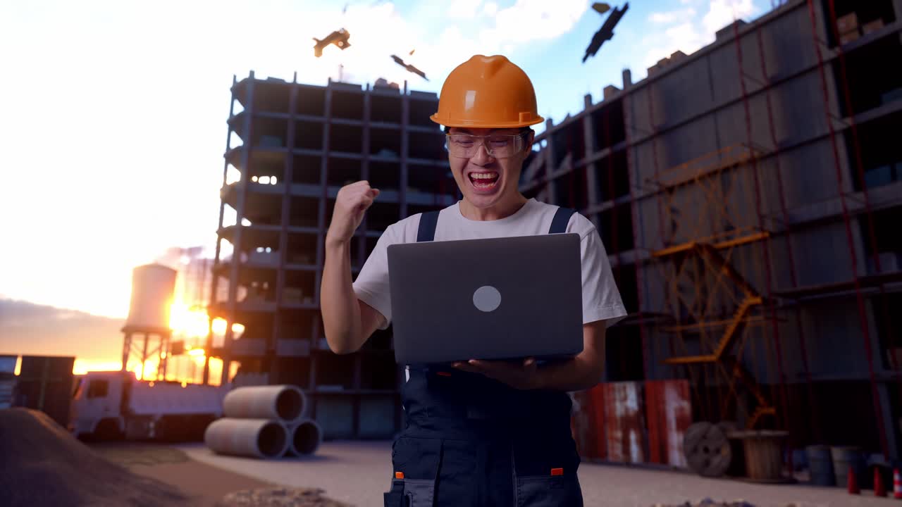 Asian Man Worker Looking At The Laptop Then Celebrating At Construction Site