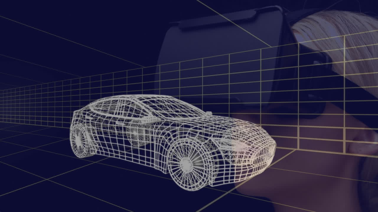 animación de un dibujo de coche en 3d sobre una mujer con auriculares vr