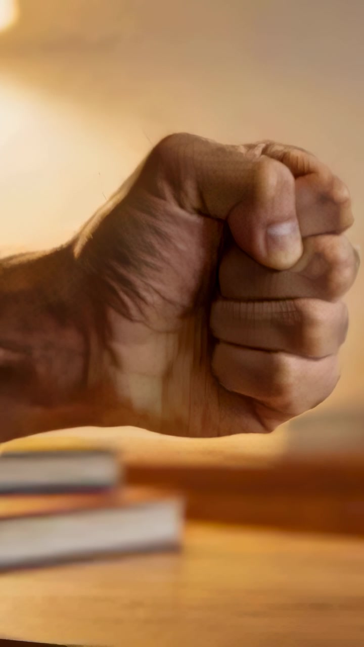 Vertical video: Muscle tensing, forming hand clenching into fist on wood table with books and lamp
