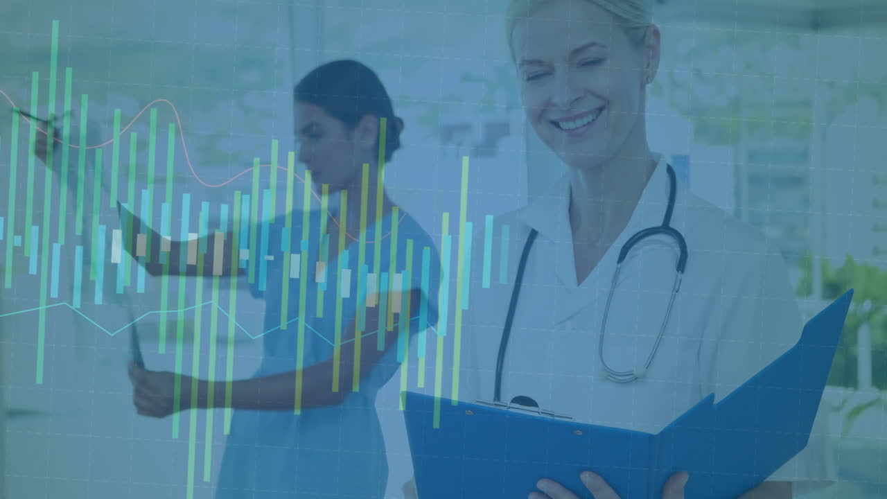 Animation of financial data processing over diverse female doctors in hospital