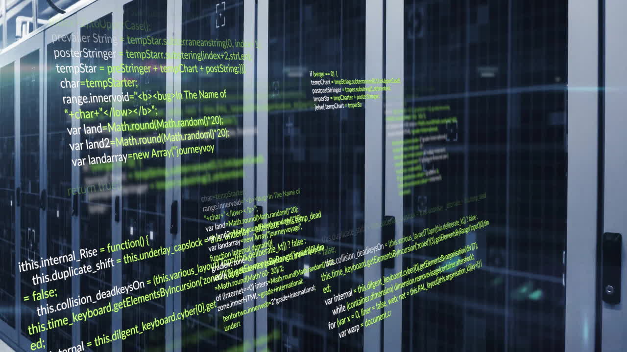 animação de código de computador em racks de servidores em centros de dados