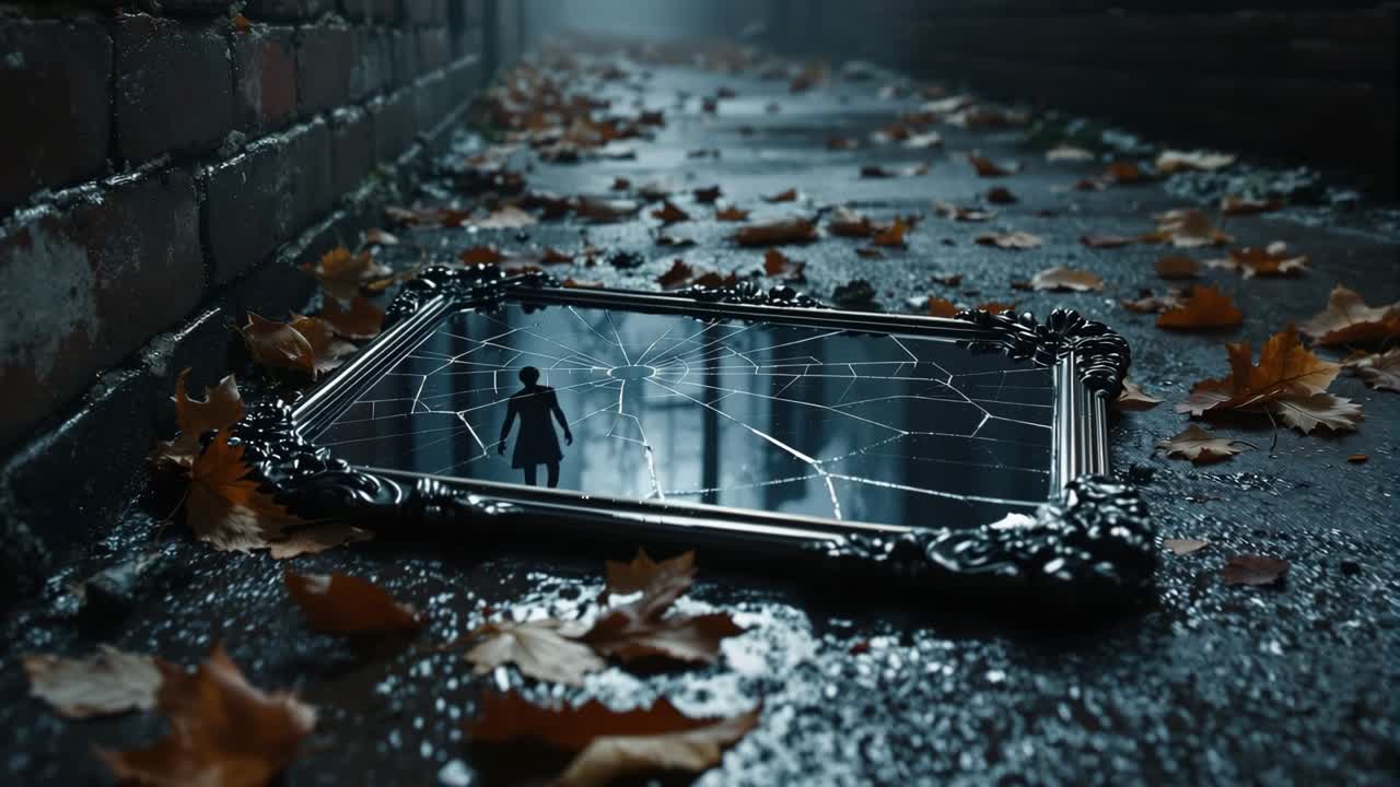 Reflection of a figure in a cracked mirror on a wet, leaf-strewn alleyway at dusk