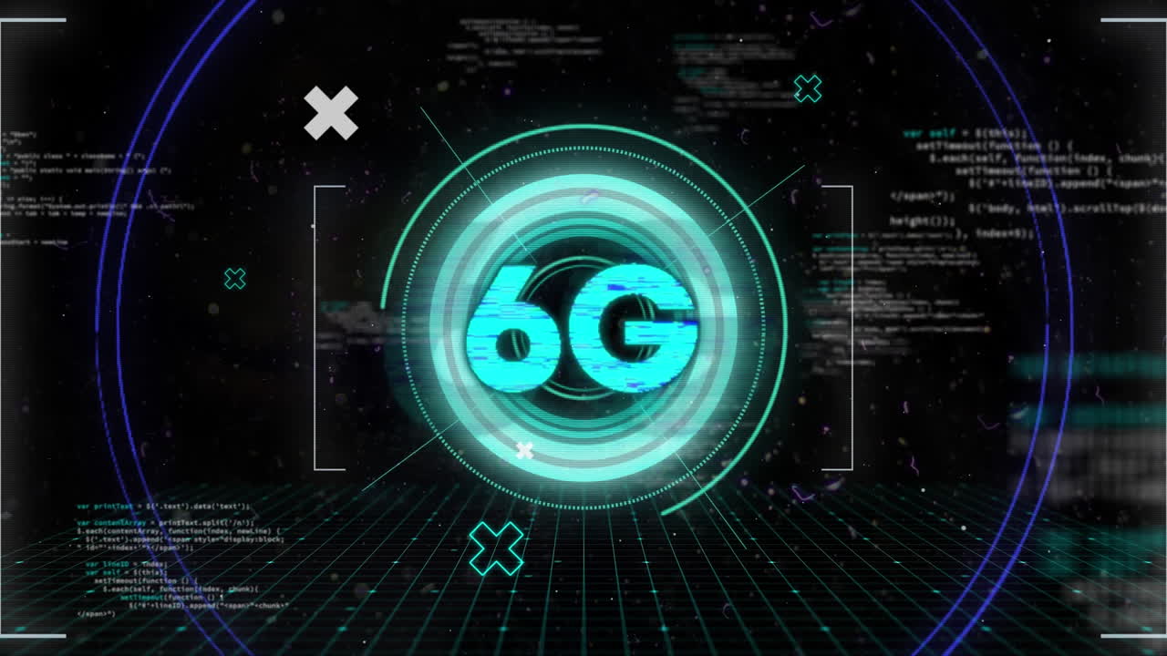 animación de texto 6g, escaneo de alcance y procesamiento de datos por computadora.