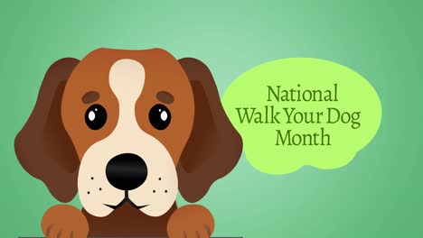 animation of national walk your dog month text in green, over illustration of brown pet dog