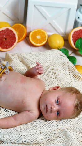 calm caucasian infant boy wearing yellow pants lies on pillow surrounded by oranges. studio footage of a newborn. top view. vertical video