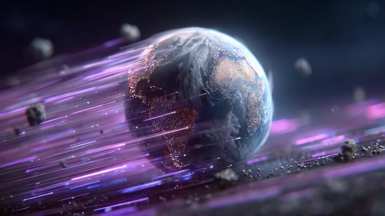 A Stunning Visual of Earth in Motion: Captured in a Dynamic Scene Where the Planet Races Through a Cosmic Landscape with Colorful Trails of Light and Asteroids