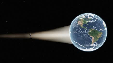 a solitary figure stands in the dark expanse of space, projecting a beam of light towards earth, highlighting the planet's beauty and the vast cosmos surrounding it.