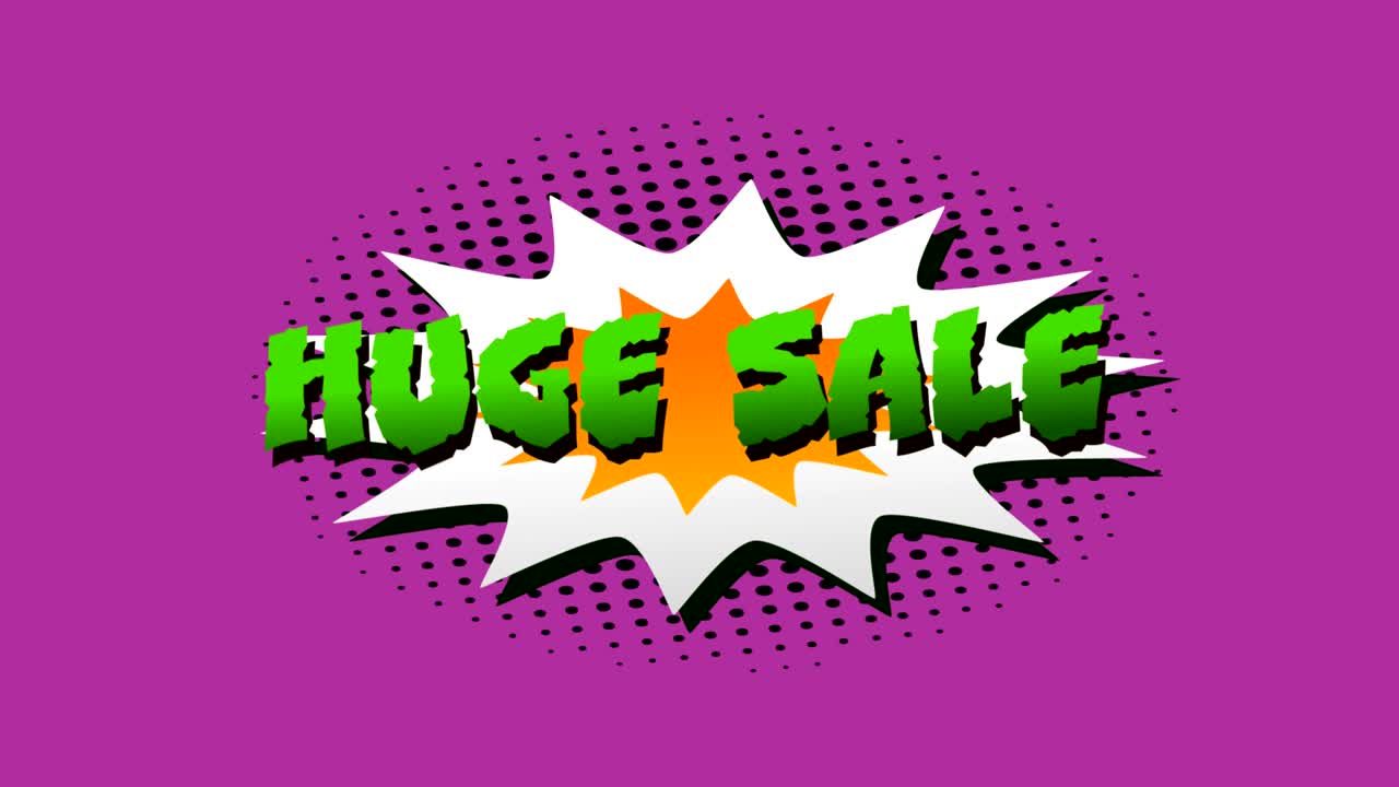 enorme texto de venta sobre pow y zap texto en la burbuja de habla contra fondo púrpura