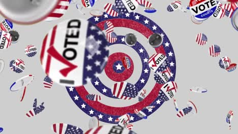 Multiple-election-badges-falling-against-circles-with-American-flag-spinning-on-white-background