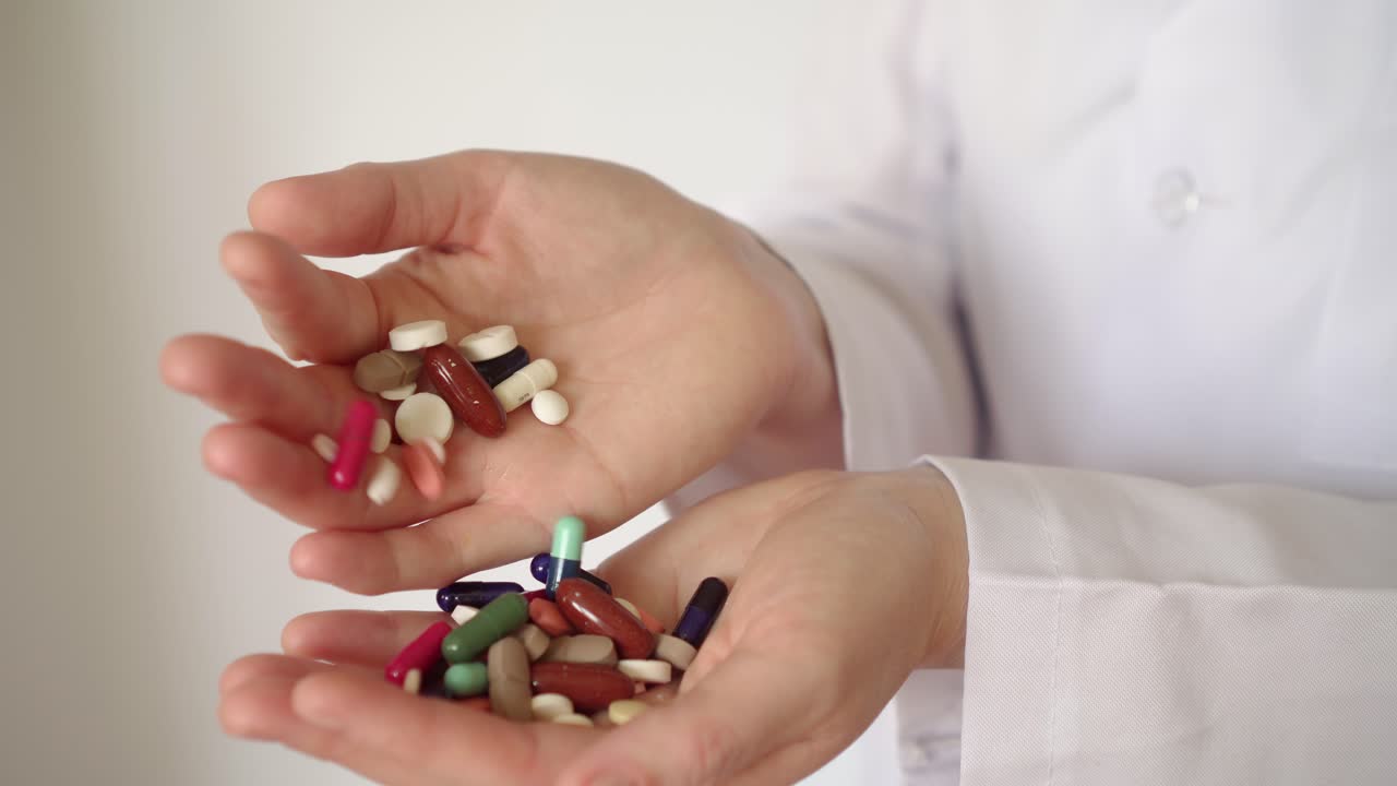 가까이에서 - 병든 사람이 항생제를 복용합니다.