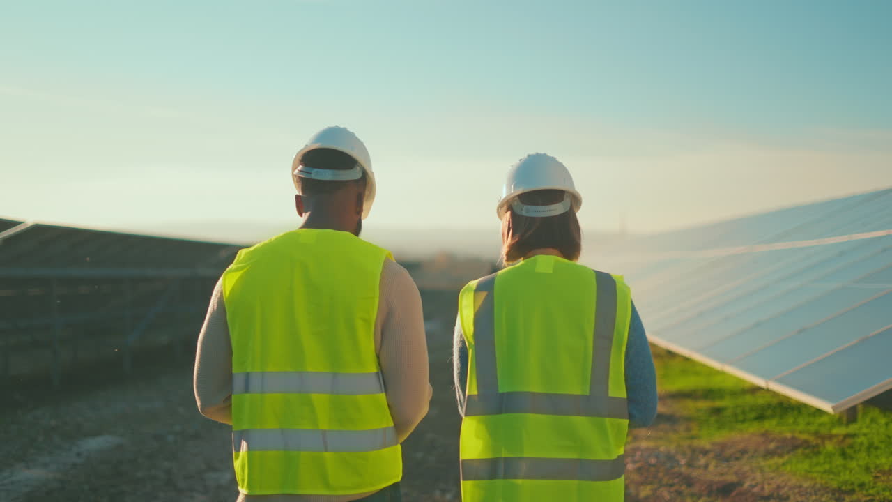Engineers Inspecting Solar Panels at a Solar Farm