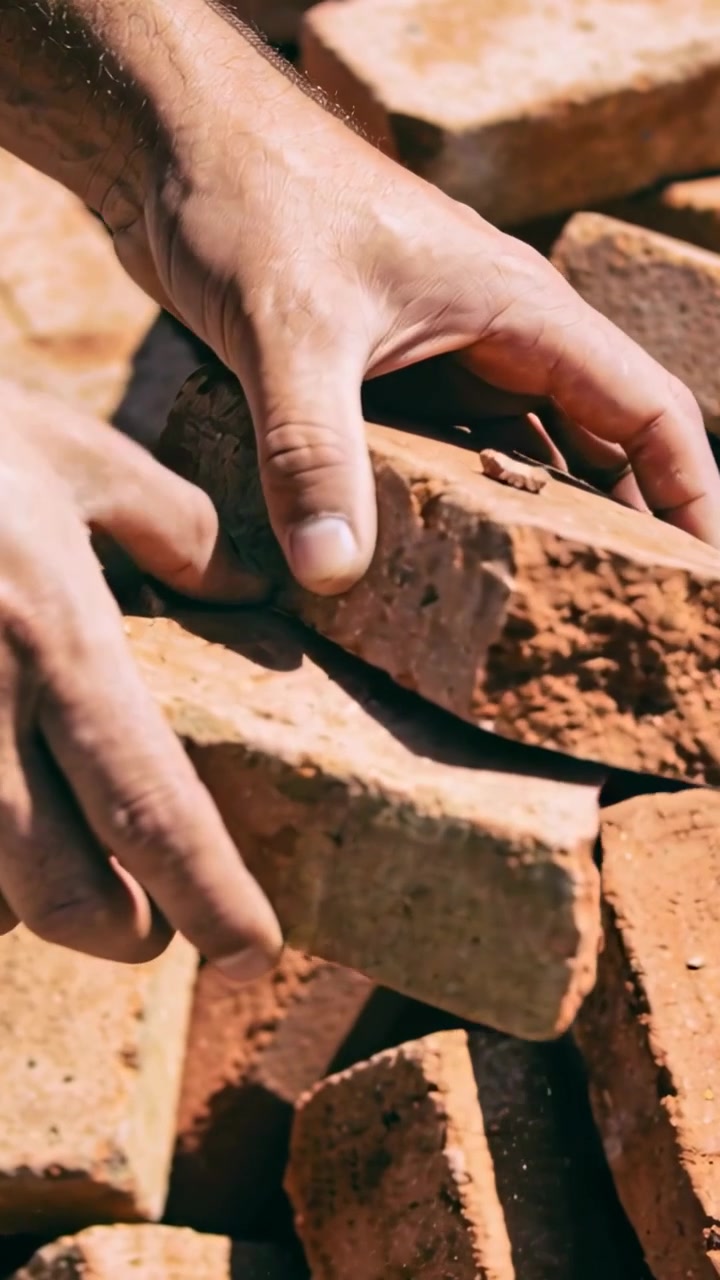 Vertical video: Entering hands of worker sliding under clay bricks, lifting for removal at worksite