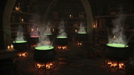 A Mystical Sorcery Scene with Bubbling Cauldrons and Enchanted Flames in a Dimly Lit Library of Spells and Potions: An Enigmatic Journey through Alchemy