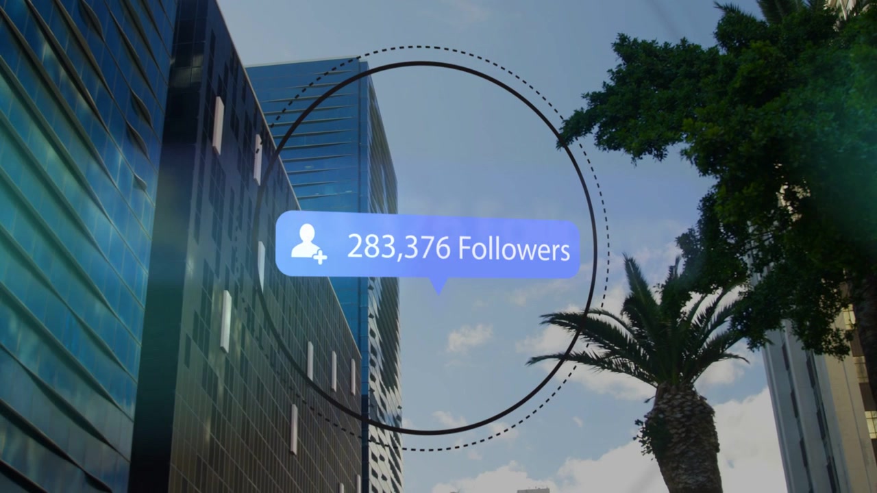 Buet prikker starter social UI-overlay, cirkel vokser, og følgerboble stiger for at vise vækst