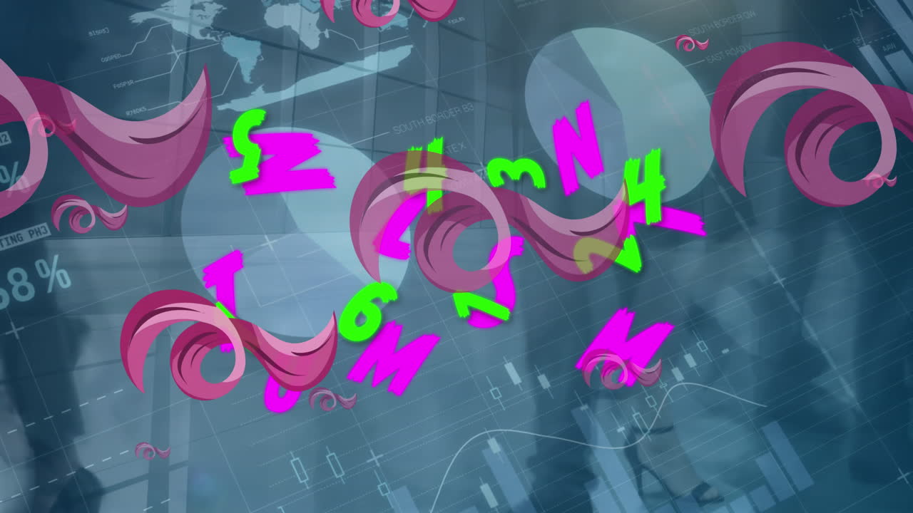 animación de letras, números, patrón abstracto, interfaz infográfica, lapso de tiempo de las personas que caminan