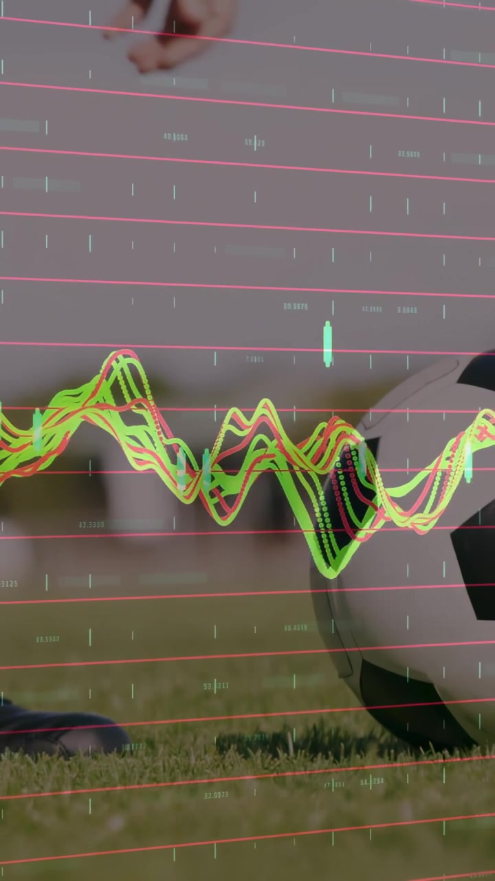 Vertical video: Woman entering, placing ball for sports while waveform overlay moving over scene