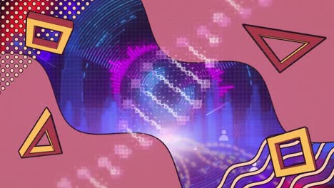 Animation-Von-Formen-Mit-DNA-Strang-über-Digitaler-Stadt-Auf-Schwarzem-Hintergrund